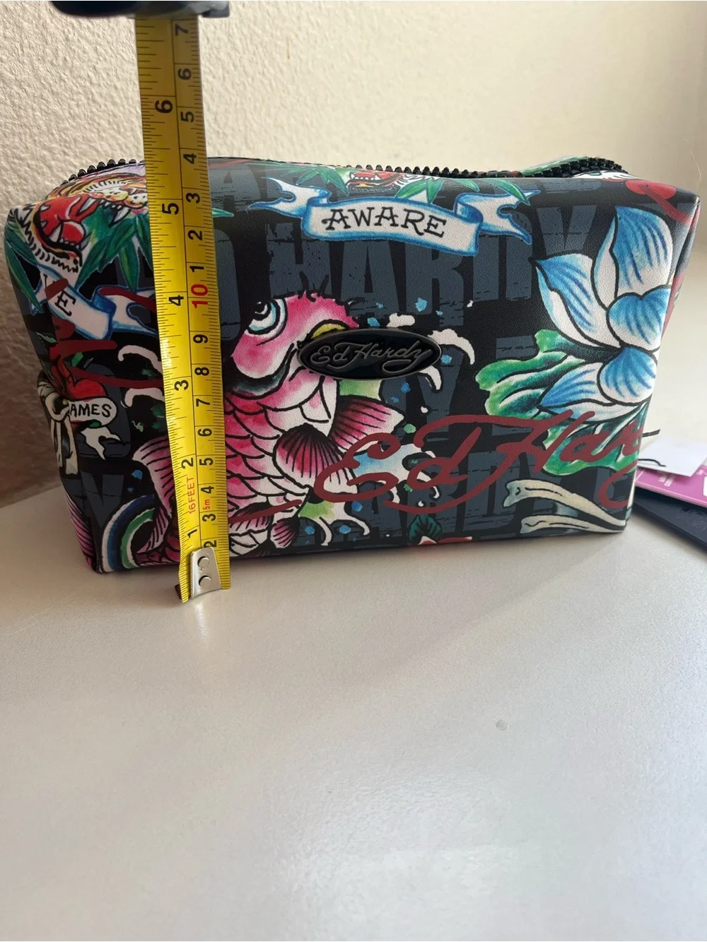 Ed Hardy Black Multicolor Koi & Floral Cosmetic Bag